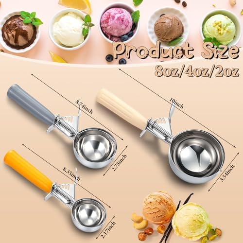 Reallnaive 3 Pcs Ice Cream Scooper with Trigger, 8+4+2 oz, 3 Colors