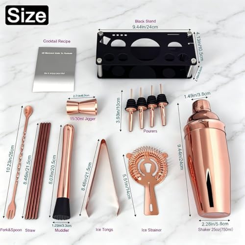 14-Piece Cocktail Shaker Set with Stand, Bartender Kit, 25oz Shakers, Bar Set Cocktail Shaker Set, Jigger for Bartending Kit, Drink Mixer Set, Cocktail Set Recipes Booklet Home, Bar, Party (Rose Gold)