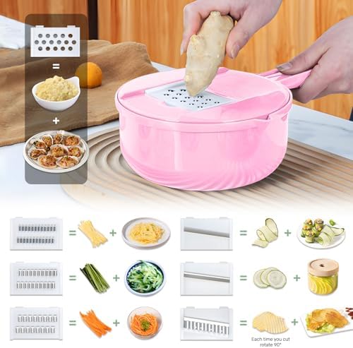 Multifunction mandoline slicer;vegetable chopper;vegetable slicer;food slicer;food chopper;chopper container;onion chopper;mandoline food slicer;vegetable cutter;chopping artifact (pink, 9 in 1)