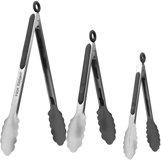Set of 3: 7, 9, 12 inches, Heavy Duty, Non-Stick, Stainless Steel Silicone BBQ and Kitchen Tongs. Heat resistant up to 600°F (Silver)