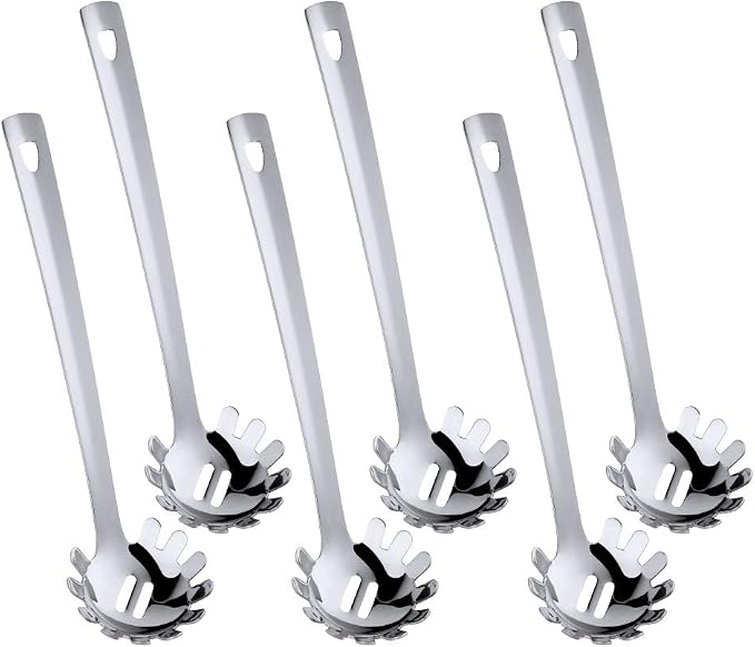 6 Pcs Silver Spaghetti Server, Stainless Steel Titanium Plated Pasta Server Ergonomic Curve Handle Design Spaghetti Server for Kitchen, Dishwasher Safe(12 inches/30cm)