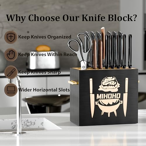 Wood Universal Knife Block with Slots, Wood Knife Holder/Knife Organizer, Unique Knife Storage for Counter Top with Anti-Slip Base (Black D)