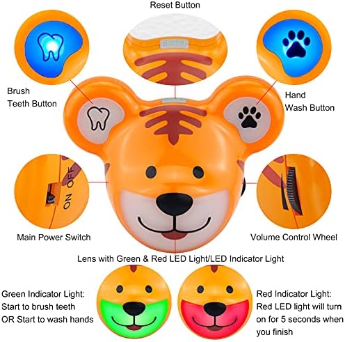 LUXSWAY Cute Animal Toothbrushing Timer for Kids with Musical Volume, 2 Minute Kid Timer for Teeth, 20 Seconds Wash Hand for Kids Training, Rechargeable Colored Led Light Visual- Tiger