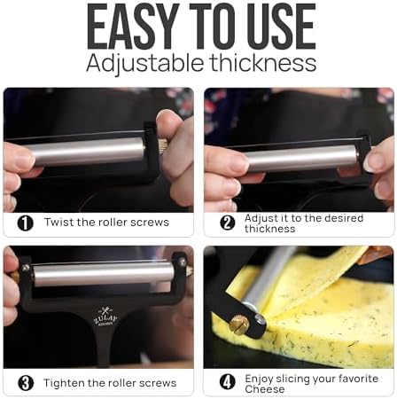Zulay Kitchen Stainless Steel Wire Cheese Slicer - Adjustable Hand Held Cutter with 2 Extra Wires - Premium Cheese Shaver For Mozzarella, Cheddar, Gruyere - Black