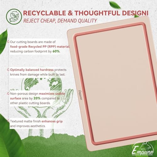 Empune 3-Piece Plastic Cutting Boards for Kitchen - Thick & Non-Slip Chopping Board Set with Juice Grooves, Dishwasher Safe, BPA Free, Includes Large & Small Sizes, Pink