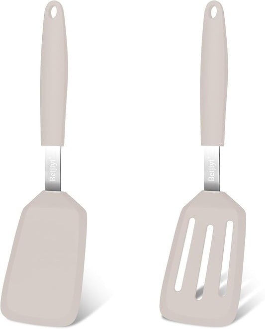 Beijiyi 2 Pack Silicone Spatula Set, Heat Resistant, for Nonstick Cookware | Flipping & Cooking, BPA Free, Flexible, Solid & Slotted Turner, Non-Toxic Kitchen Utensils, Non Scratch, Dishwasher Safe