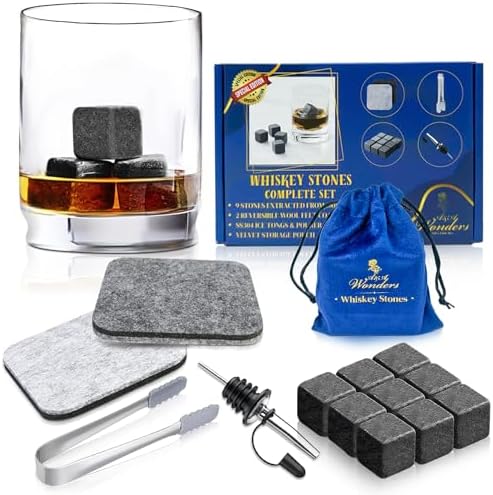 A&A Wonders Premium Whiskey Stones 100% Natural Granite Set of 9 Chilling Rocks Stone Reusable Ice Cubes for Drinks with Velvet Carrying Pouch, Gift for Whiskey Lovers (9 Cubes)