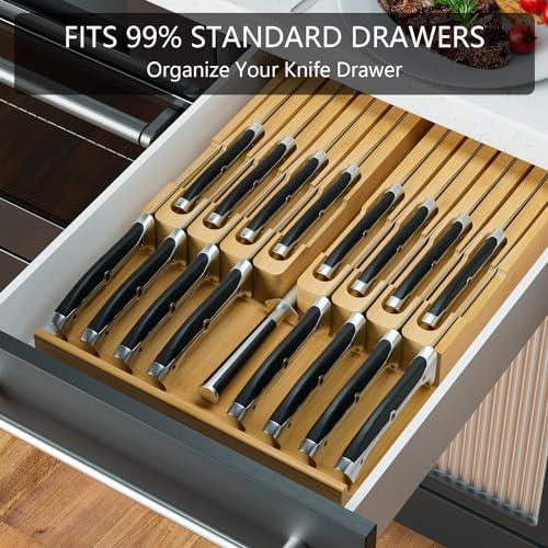 Domax Bamboo In-drawer Knife Block - Knife Drawer Organizer Insert Large Handle Steak Knife Holder, Kitchen Drawer Knife Organizer Fits for 16 knives and 1 Sharpening Steel (Not Included), Natural