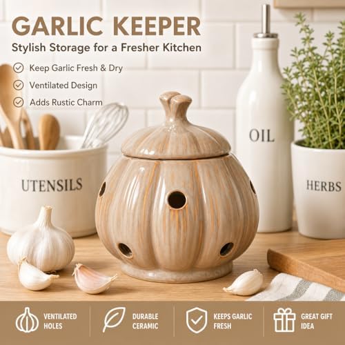 Ceramic Garlic Keeper Storage Holder Jar with Lid, Kitchen Countertop Large Garlic Canister Cellar Saver Holder Crock Container. (Beige)