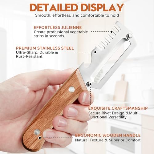 Left & Right Hand Vegetable Peeler Set with Scallion Slicer & Bottle Opener, Thickened Stainless Steel Wide Blade for Smooth Peeling, Wooden Handle Kitchen Peeler for Fruits & Vegetables