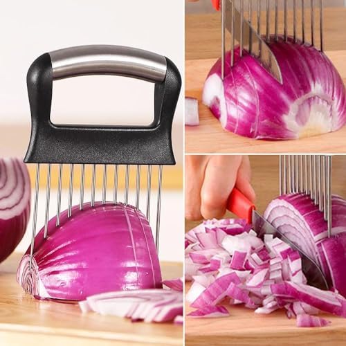 Onion Holder for Slicing, 2025 New Stainless Steel Onion Slice Holder Lemon Slicer Vegetable Cutter, Kitchen Gadgets Chopper Slicing Assistant Tool for Meat, Onion, Tomato, Potato (3 Pcs)