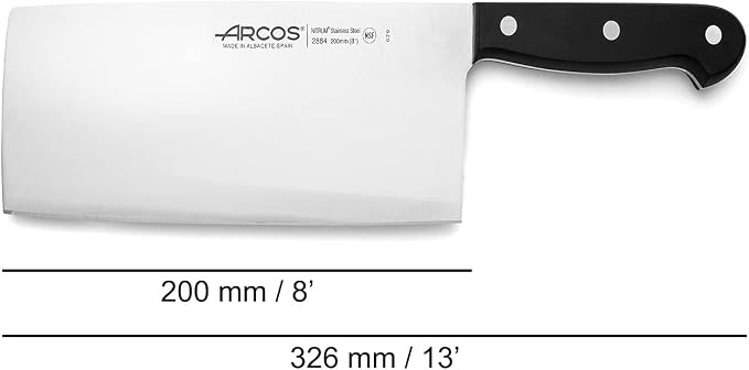 Arcos Cleaver Knife 8 Inch Nitrum Stainless Steel and 200 mm blade. 400 gr. Prolonged and heavy use. Ergonomic Polyoxymethylene POM Handle. Series Universal. Color Black
