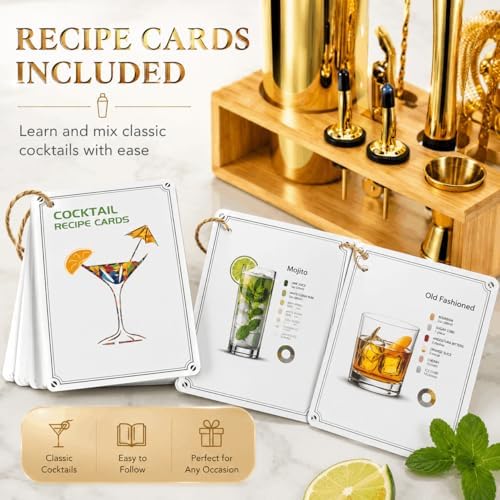 Gold Cocktail Shaker Set, Premium 18/8 Stainless Steel Mixology Bartender Kit with Stylish Bamboo Stand 10-Piece Bar Tools & Accessories for Home Bar for Men, Dad, Husband