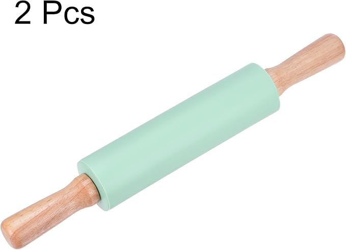 HARFINGTON 2pcs Silicone Rolling Pins for Baking 14.96 Inch Non-Stick Silicone Surface Wooden Handle Rolling Pin Small Roller Playdough Rolling Pins for Fondant Kitchen Dough Pizza, Green