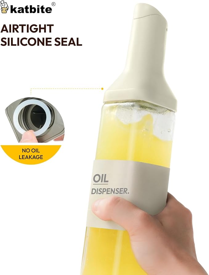 katbite 16oz Glass Olive Oil Dispenser Bottle for Kitchen Cooking - Leakproof Kitchen Essential with Precise Pouring Spout for Salad, Air Fryer, BBQ, Non-Stick Pans, Easy Refill and Use, Light Grey
