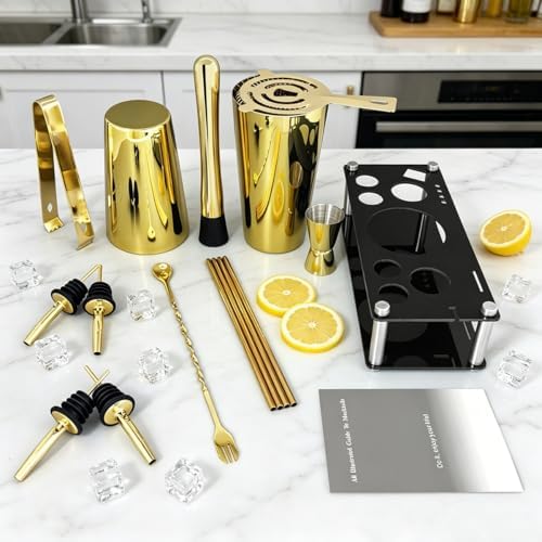 Professional Cocktail Shaker Set with Stand Cocktail Recipes, 15-Piece 750/600ml Bartender Kit, Bar Sets Bartending Kit Bar Tool Set 25/20oz Boston Shakers, Jigger, Muddler (Gold)