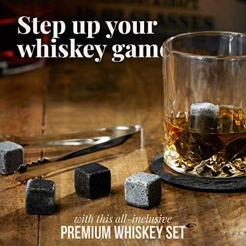 Mixology & Craft Premium Whiskey Set | Two 10oz Cystal Old-Fashioned Glasses, 8 Granite Chilling Stones, Metal Tongs, Recipe Cards in Rustic Wooden Crate Gift Set | Jameson Whiskey