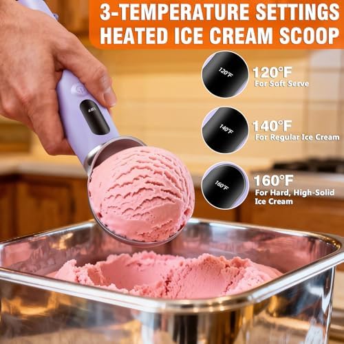 Heated Ice Cream Scoop Rechargeable, Electric Ice Cream Scooper with 3-Temp Settings, LED Display & IPX7 Waterproof, Ergonomic Silicone Handle, House Warming Gifts for Women Men Friend (purple)