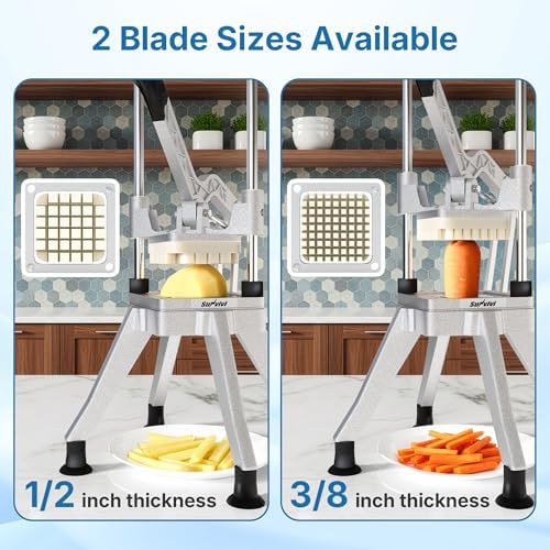Commercial French Fry Cutter with 1/2 Inch and 3/8 Inch Blade, Heavy Duty Potato Slicer, Stainless Steel Potatoes Cutter for Restaurant & Home Kitchen