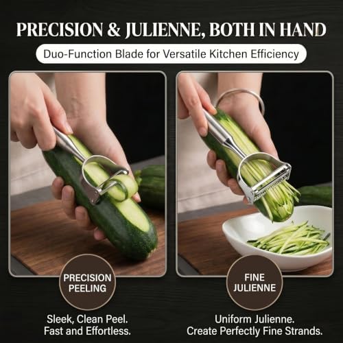 Stainless Steel Vegetable Peeler, 2-Pack 2-in-1 Julienne Y Peeler for Kitchen, Ergonomic Shredder for Healthy Keto Salad & Zoodles, Potato Carrot Fruit, Dishwasher Safe
