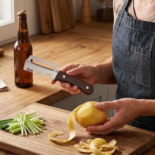 3 in 1 Multifunctional Vegetable Peeler with Julienne & Bottle Opener, German High-Carbon Stainless Steel Blade, Ergonomic Non-Slip Wooden Handle, Handheld Peeler Slicer for Fruits & Vegetables (2Pcs)