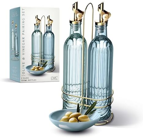COOK WITH COLOR Glass Olive Oil Bottle Dispenser - 2 Pack- 17oz Oil and Vinegar Cruet - Olive Oil Carafe Decanter for Kitchen, Elegant Fluted, Blue
