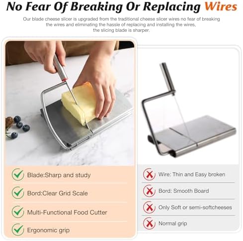 Cheese Slicer Cutter, Stainless Steel Cheese Cutter Board with Blade for Block Cheese, Vegetables, Butter, Sausages, Bread