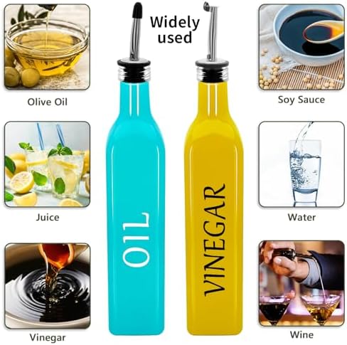 Olive Oil Dispenser Bottle,2 Pcs 17oz 500ml Glass O il and Vinegar Dispenser Set with 2 Stainless Steel Pourers, 8 Labels,Funnel Vinegar Bottles for Kitchen (Turquoise Oil & Yellow Vinegar)