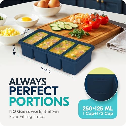 Silicone Freezer Molds with Lids, 1 Cup Soup Freezer Containers, Large Ice Cube Trays for Meal Prep & Food Storage, Freeze Soup, Sauce, Broth, Leftovers, Oven & Dishwasher Safe, 3 Pack