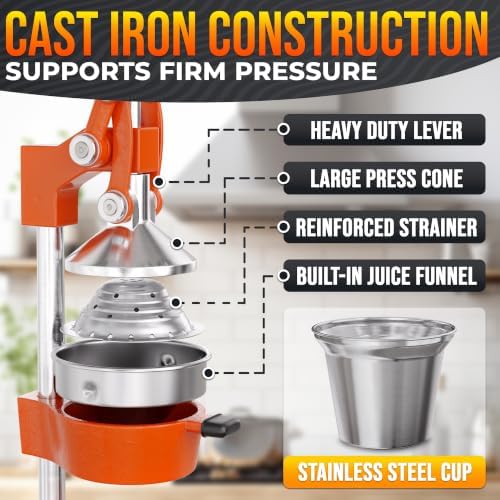 Cast Iron Juicer Hand Press, Heavy-Duty Squeezer (Orange)