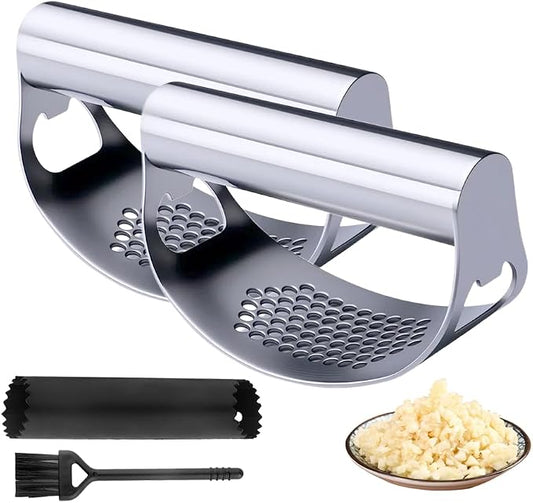 Stainless Steel Garlic Press, 2025 New Arc Shape Stainless Steel Ring Garlic Chopper, Garlic Presse Rocker Garlic Press Mincer Crusher Press, With Peeler and Brush Garlic Chopper (2)