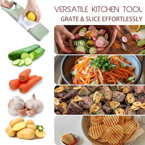 NACOLUS 5 In 1 Mandoline Slicer with Slide-On Hand Guard - Vegetable Slicer, Carrot Shredder,Safe Potato/Garlic Slicer Vegetable Cutter, Waffle Fry Cutter (Green, 5-in-1)