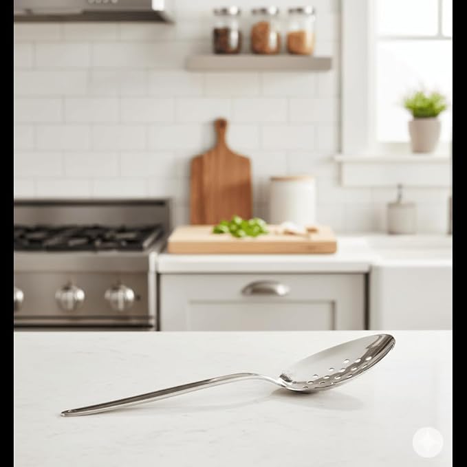 Chef Kunz Perforated Spoon | 9 Inch Silver 18/10 Stainless Steel Plating, Basting, Quenelle, Plating Spoon for Draining and Serving, Dishwasher Safe (Perforated)