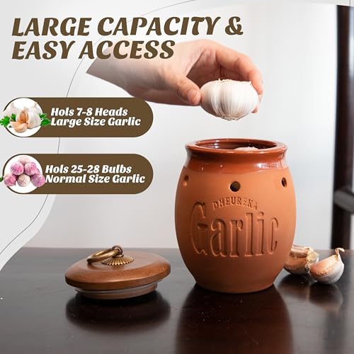 Garlic Keeper with Wooden Lid, 19 oz Clay Garlic Storage Container to Keep Garlic Cloves Fresh Longer, Countertop Organizer, Farmhouse Kitchen Decor and Accessories, Terracotta
