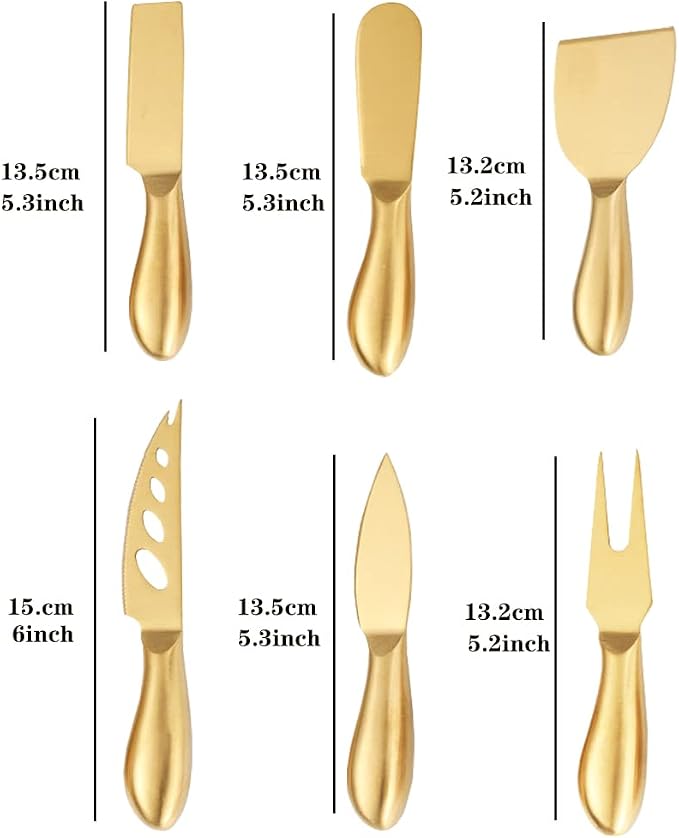 Golden Cheese Knife Set 6 Piece, Stainless Steel Cheese Cutter, Cheese Spreader knife with Ergonomic Handle, Cheese Shaver and Fork for Holiday, Birthday, Wedding, Party