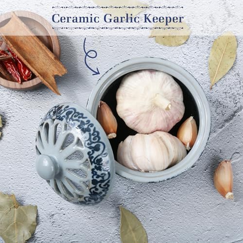 Garlic Keeper for Counter - Ceramic Garlic Storage with Breathable Lid, Countertop Holder, Jar, Pot, Cellar, Bowl, Saver, Container for Kitchen (4 inch)