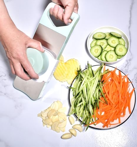 NACOLUS 5 In 1 Mandoline Slicer with Slide-On Hand Guard - Vegetable Slicer, Carrot Shredder,Safe Potato/Garlic Slicer Vegetable Cutter, Waffle Fry Cutter (Green, 5-in-1)