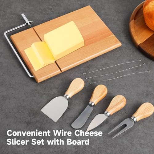Cheese Slicer with Board, Wood Cheese Cutter Set with Adjustable Tension