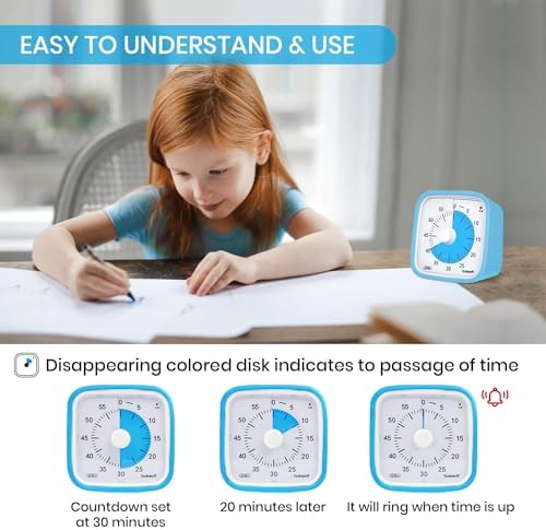 Yunbaoit Visual Timer for Kids, Silent 60-min Countdown Timer, Blue Blue