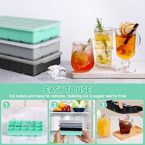Silicone Ice Cube Tray with Lid, 3 Pack Easy-Release Flexible 15 Ice Cube Molds, Stackable Ice Trays for Freezer, Square Ice Maker Tray for Cocktail, Whiskey, Juice, Baby Food, BPA Free