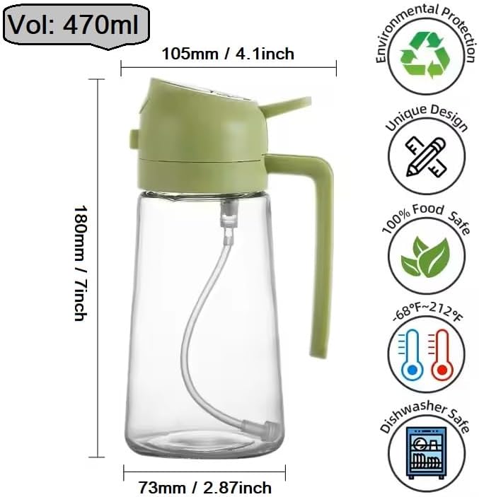 Oil Sprayer for Cooking 2 in 1, 470ml/16oz, Oil Spray & Dispenser Glass Bottle, Food-grade material for Kitchen, Salad Dressing, Frying, Air Fryer & BBQ (Green)