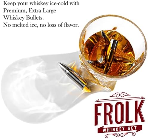 Whiskey Chillers Premium Gift Set By Frolk, Set of 6 Extra Large Stainless Steel Whiskey Stones, 2 Large Twisted Whiskey Glasses (11 oz), Freezer Base, Velvet Pouch & Tongs in Novelty Wooden Box