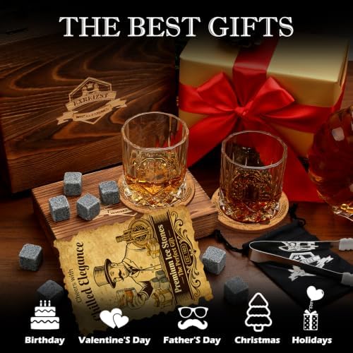 Whiskey Stones Gift for Men, Whiskey Glasses Set of 2 with Premium Wood Box