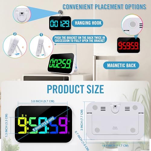Kitchen Digital RGB Timer, Count Down Up, Rechargeable, Vibration Mode Adjustable Volume and Brightness LED Display, Time Management Cook