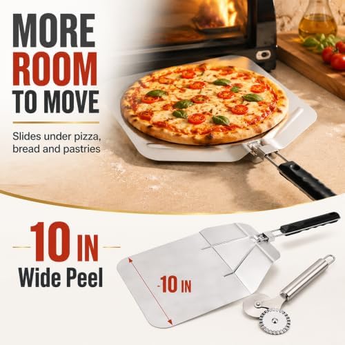 2-in-1 Stainless Steel Pizza Peel Set with Folding Handle & Multifunction Dough Cutter - Professional Pizza Shovel for Home & Outdoor Pizza Ovens, Grilling, Baking