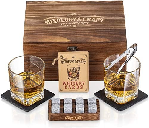 Mixology & Craft Whiskey Stones Gift Set – Includes Two 10oz Crystal Whiskey Glasses, 8 Granite Chilling Rocks, Slate Coasters, Metal Tongs, Cocktail Recipe Cards, Elegant Wooden Storage Box