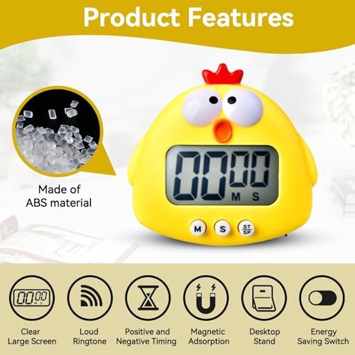 Cute Cartoon Animal Digital Timers, Countdown Timer Kid Timers LCD Display Magnetic Kitchen Timer with ON/Off Switches for Kitchen Cooking Bake Accessories(Yellow)
