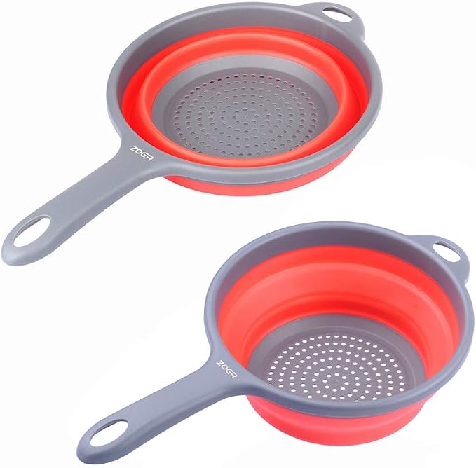 ZOER Kitchen Foldable Pasta Strainers,Collapsible Colanders with Handles,Space-Saver Folding Silicone Strainers Colander,Capacity of 2 quart (Red and Red)