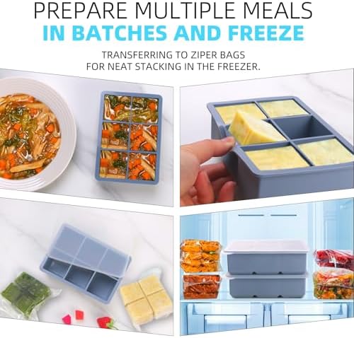 1/2 Cup Silicone Freezer Tray With Lid - Silicone Freezer Molds 4-Pack For meal prep & freezing of various sauces and other dishes, makes 24 perfect 1/2 cup portions cubes (Blue 4 Pack)