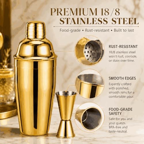 Gold Cocktail Shaker Set, Premium 18/8 Stainless Steel Mixology Bartender Kit with Stylish Bamboo Stand 10-Piece Bar Tools & Accessories for Home Bar for Men, Dad, Husband